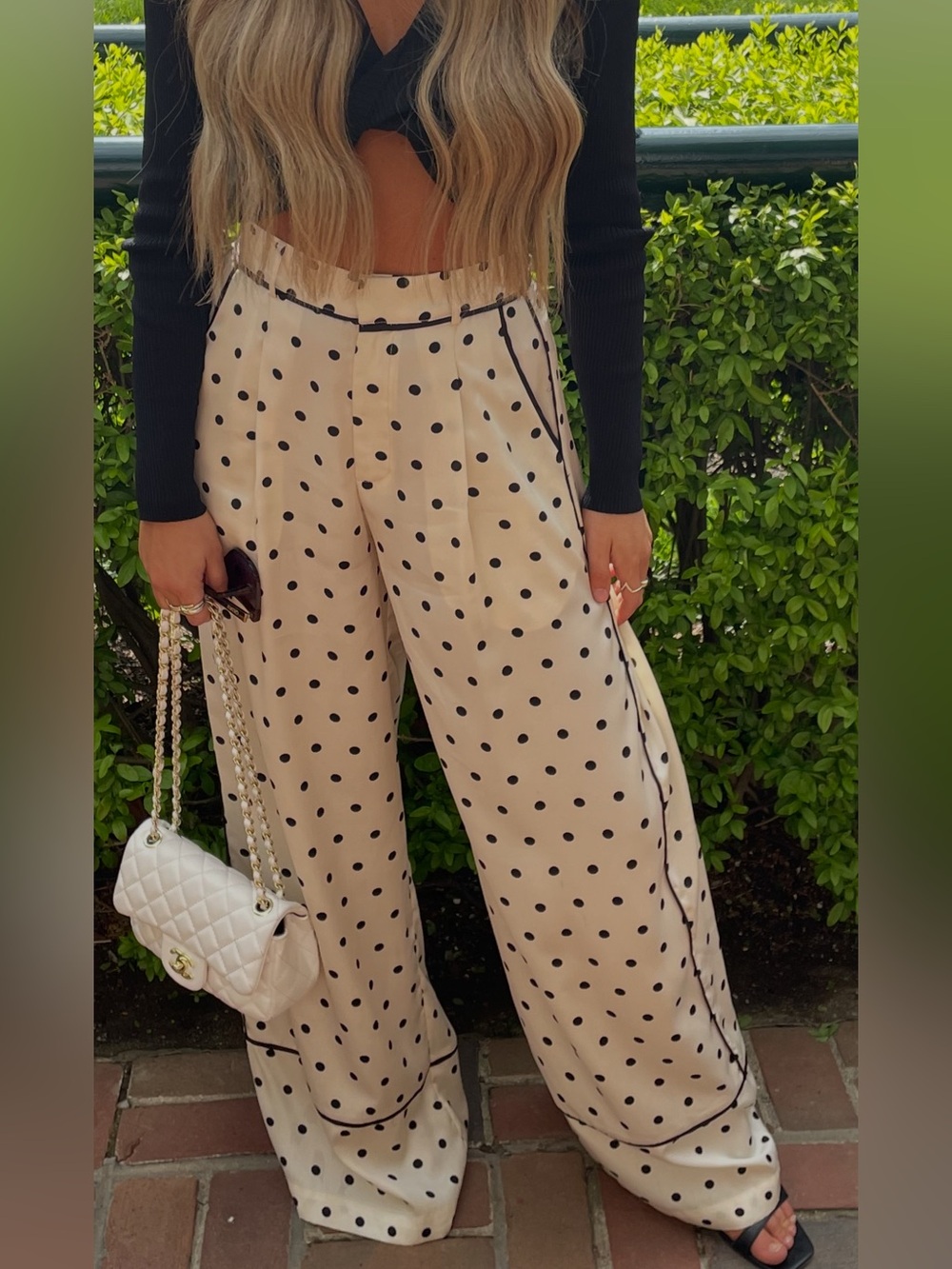 MINKPINK Cream Wide-Leg Polka Dot Pants with Black Piping